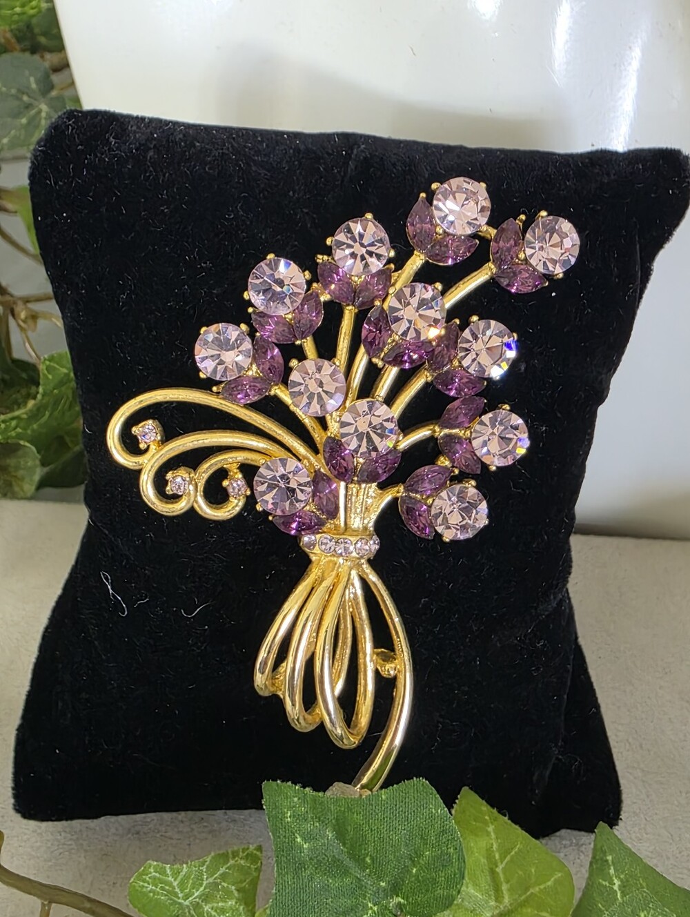 Purple Rhinestone Flower Bouquet Brooch Gold Pin